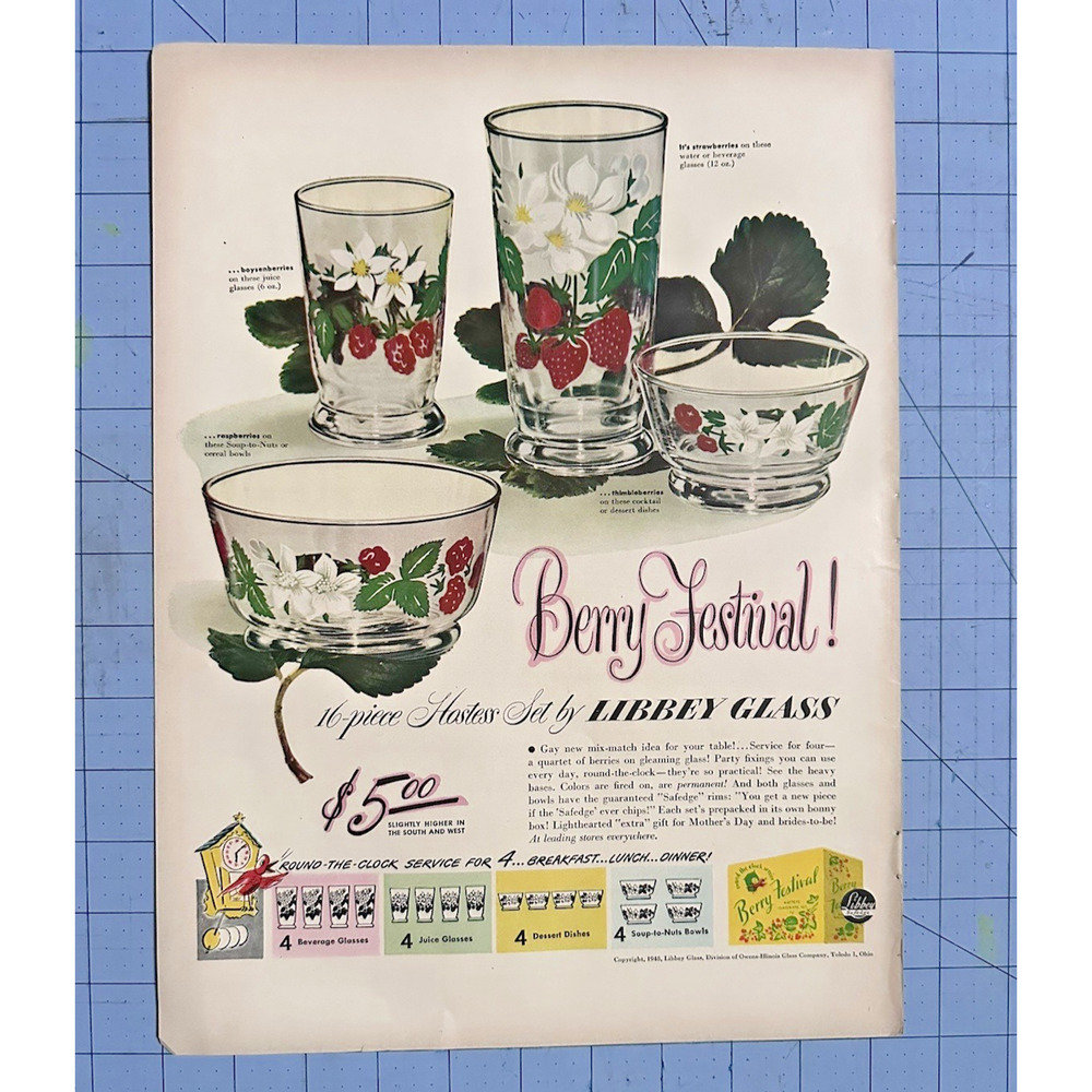 1948 VTG Orig Magazine Ad Libbey Glass Glasses Berry Festival 16 Pc Hostess Set